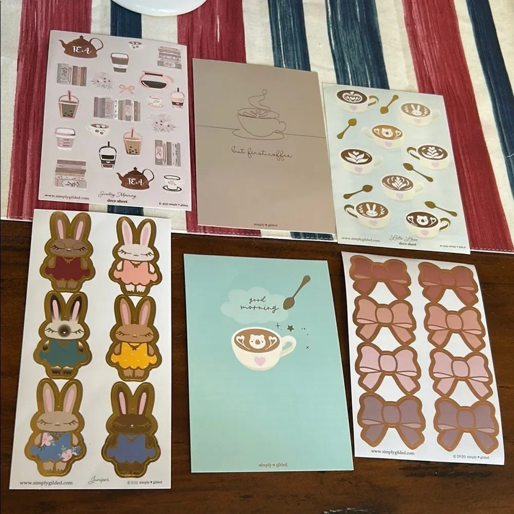 Simply Gilded Cute Sticker Set with Bunnies and Tea /Coffee Theme